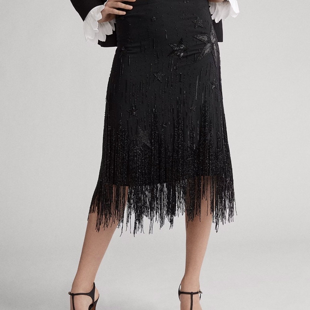 NWT Women's Polo Ralph Lauren Beaded-Fringe Skirt Stars Black $998 - Size 2 (XS)